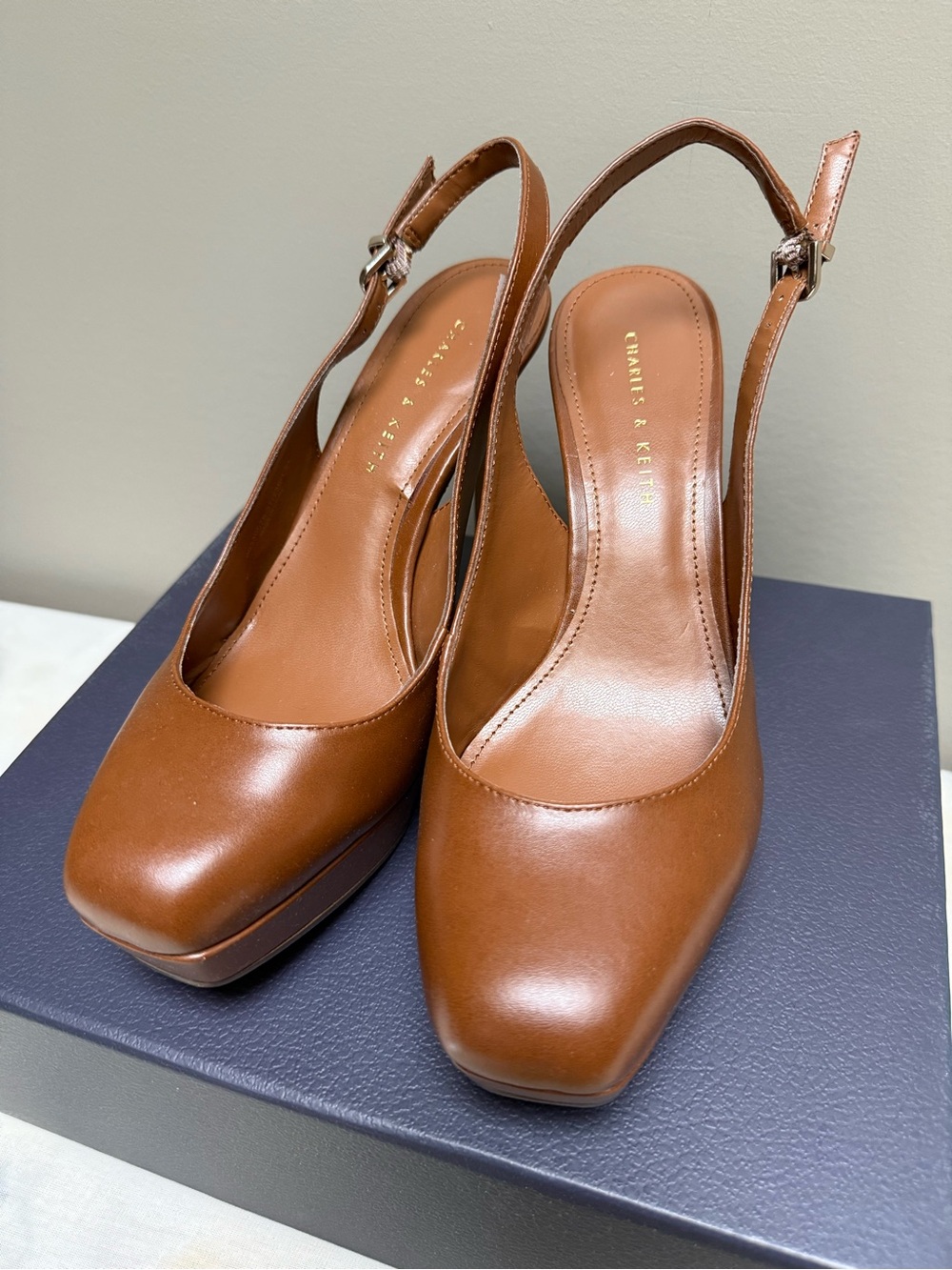 Charles & Keith Brown Platform Slingback Heels | Size 37